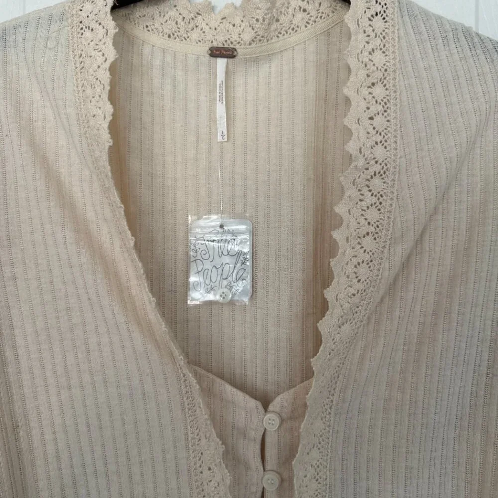 NWT, Free People Third Date Top, Crocheted Hem, Almond / Off-white Color, L